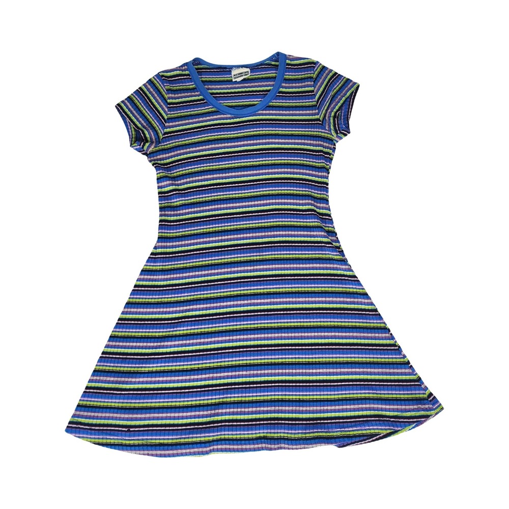Vintage Xhilaration y2k 90s Blue Green Striped Ribbed Knit Mini Dress Medium